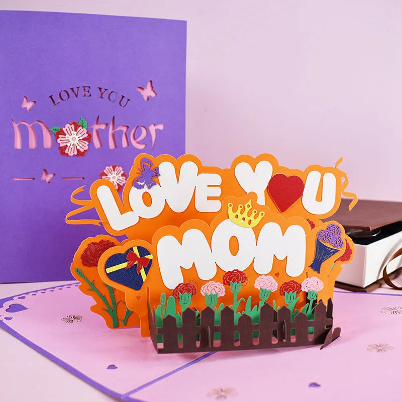 3D pop-up Mother's Day card with floral rose cutout and flower bouquet inside