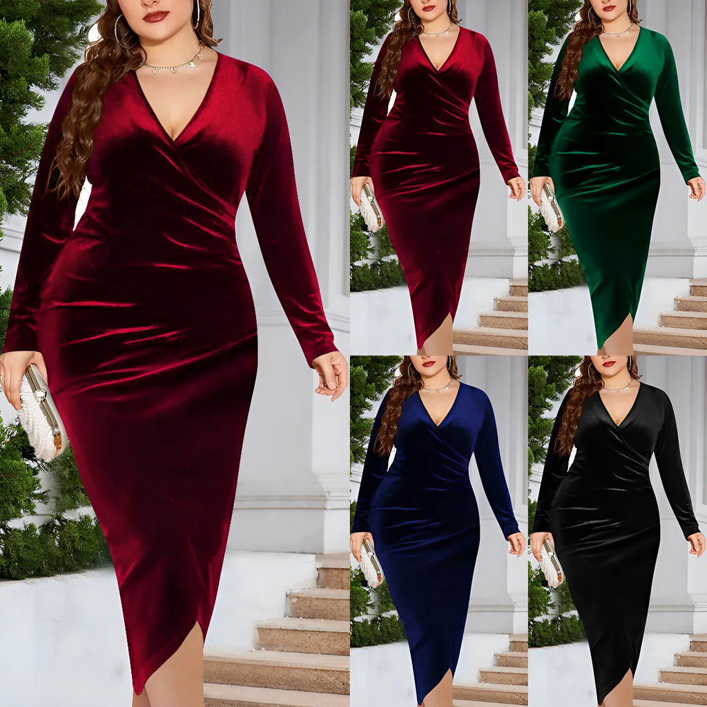 Women's long sleeve V-neck polyester dress in plus sizes, shown in red, green, blue, and black.