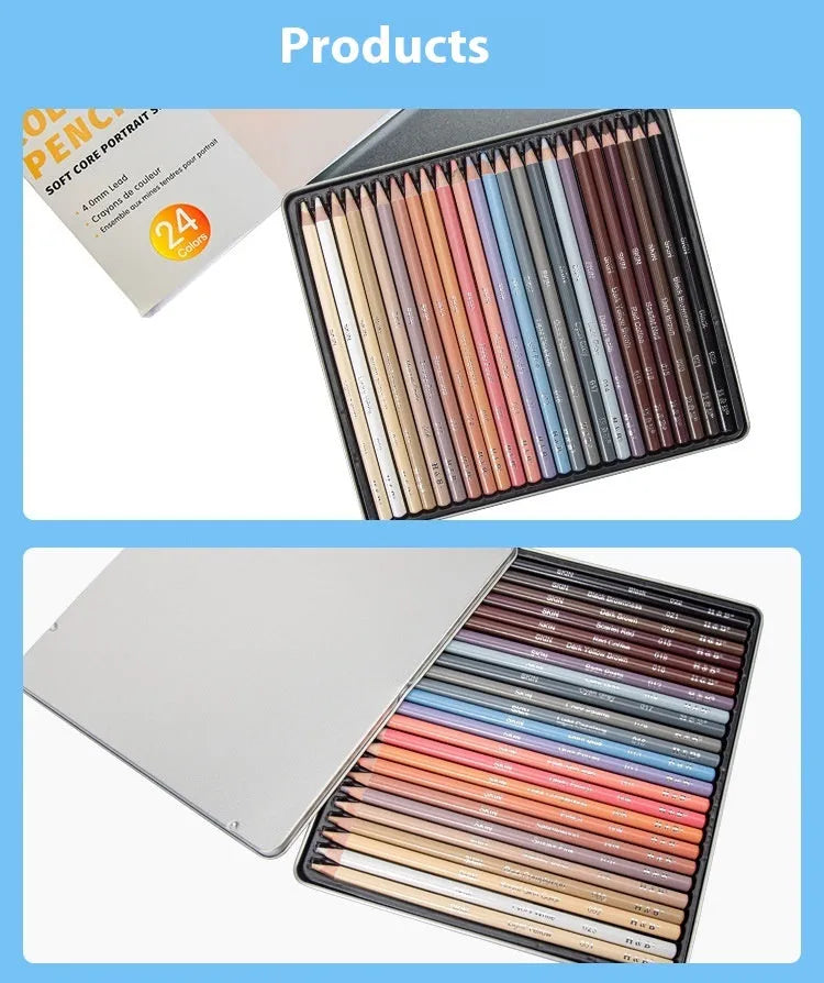 24 skin colour portrait drawing pencils in iron box case with round brush pot