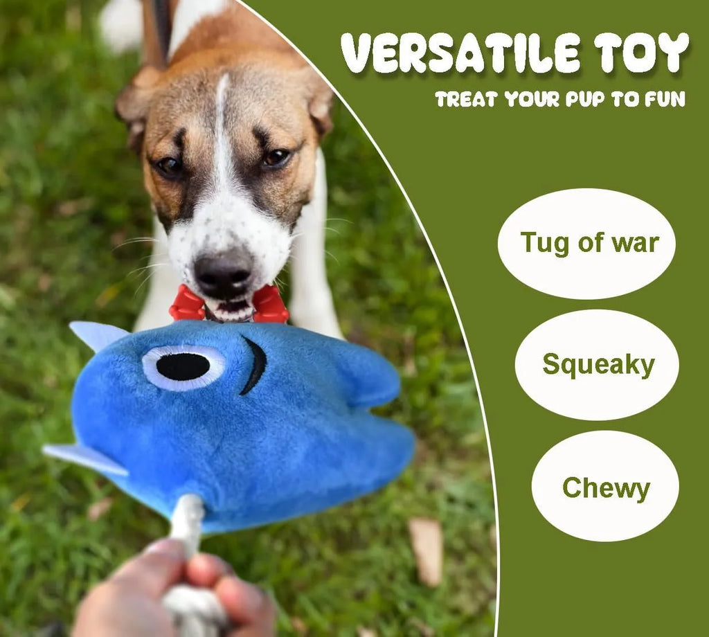 Blue and green stuffed plush dog toy with integrated cotton rope and squeaker for chew and tug play.