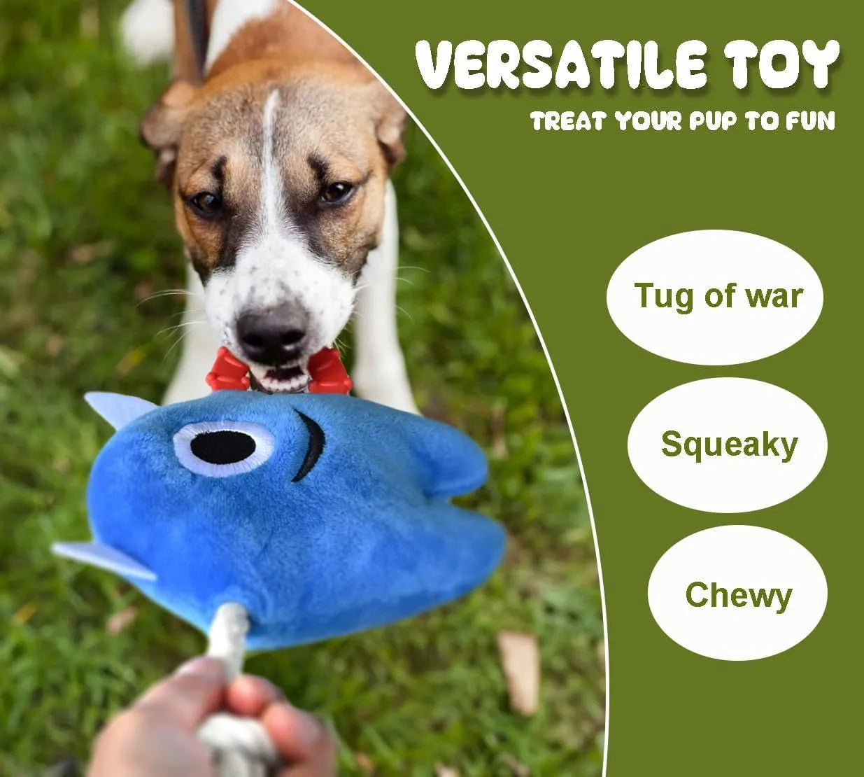 Blue and green stuffed plush dog toy with integrated cotton rope and squeaker for chew and tug play.