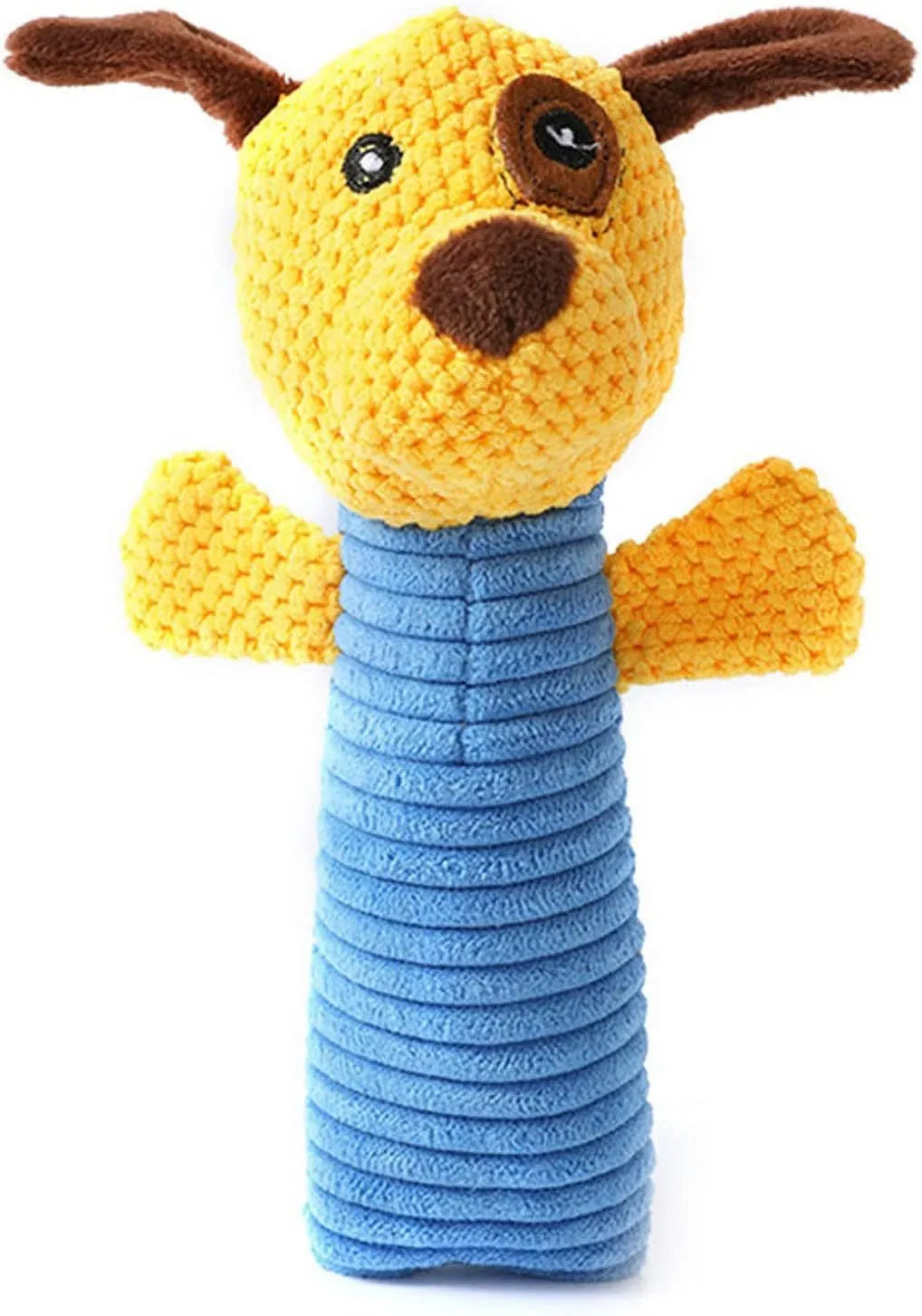 Dog squeaky chew toy in stuffed animal shape for dental cleaning and teething relief