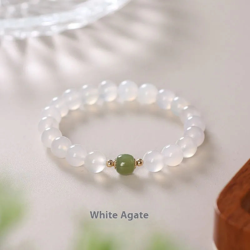 Handmade white agate and Hetian jade crystal bracelet with cinnabar accents in 6mm or 8mm bead sizes
