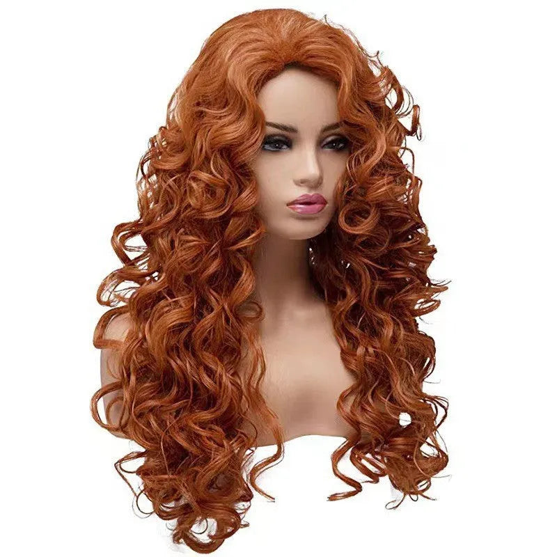 Brown long curly cosplay wig with wavy texture on wig head