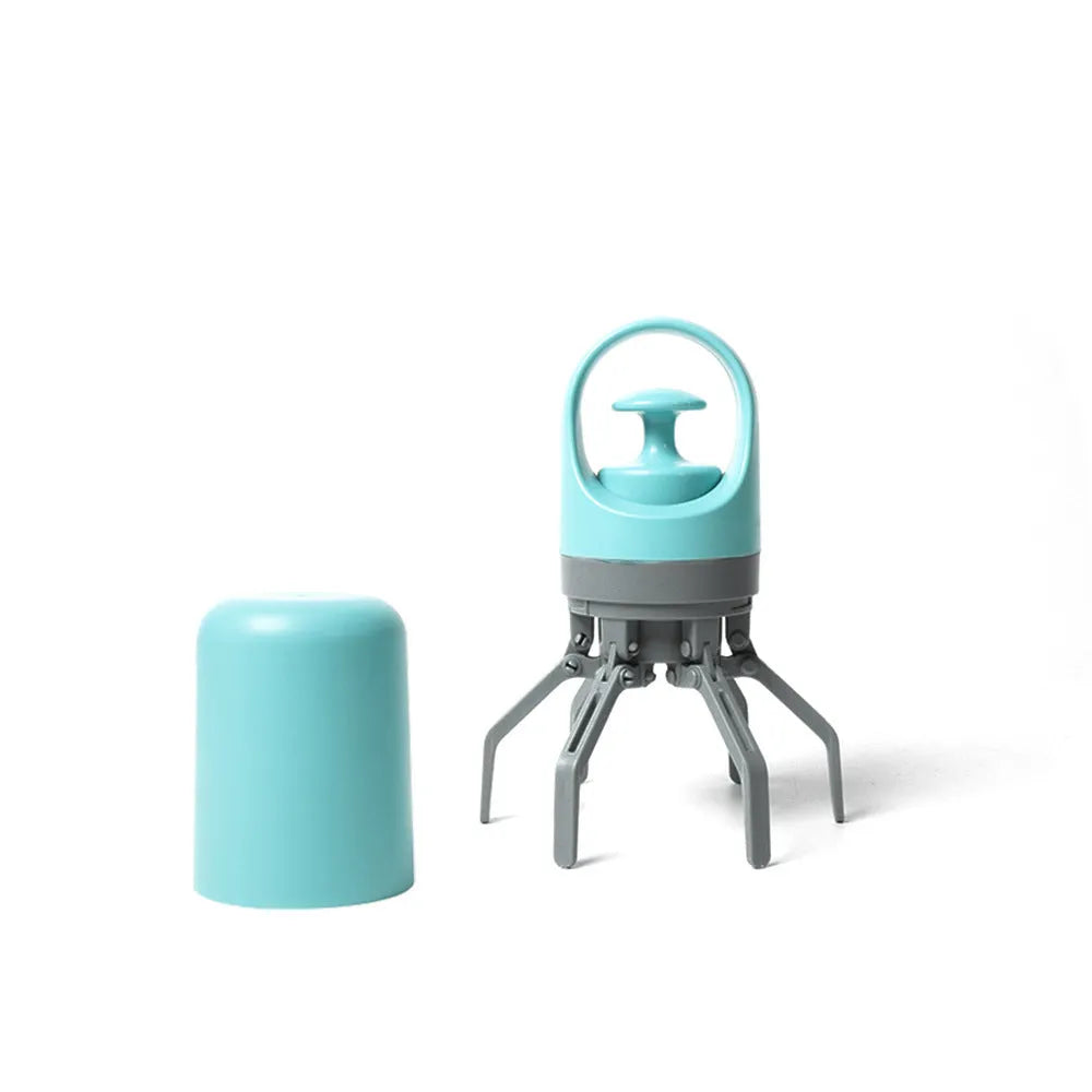 Blue and orange portable claw dog pooper scooper with built-in garbage bag dispenser.
