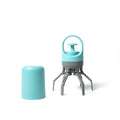 Blue and orange portable claw dog pooper scooper with built-in garbage bag dispenser.