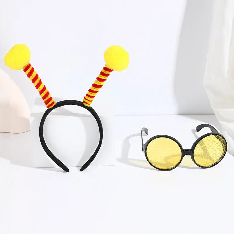 Bee costume headband and glasses set in cloth material with bee and butterfly decorations