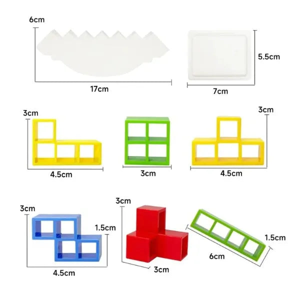 Plastic balance stacking board game with 16 colourful building blocks, a chassis, and a base on a flat surface.