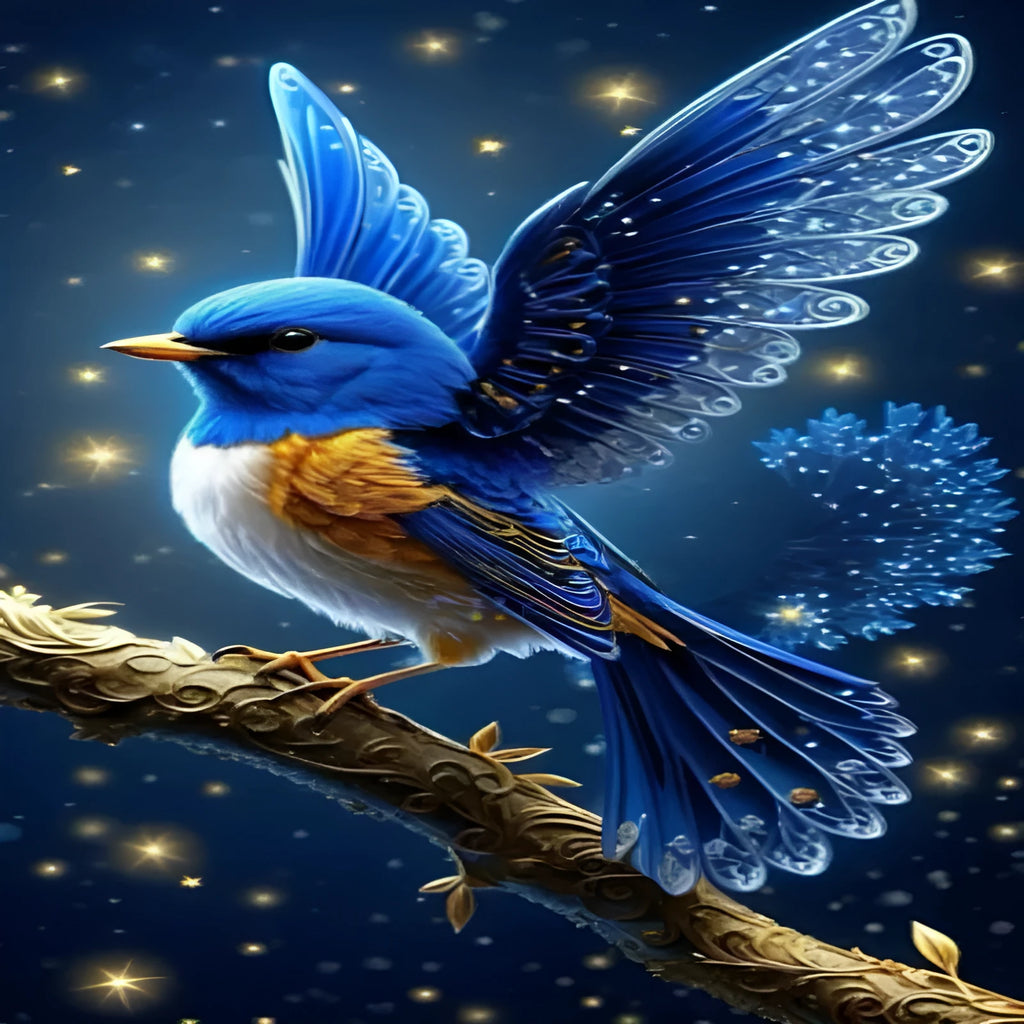 Blue Bird diamond painting kit on 60x100cm canvas with internal framework.