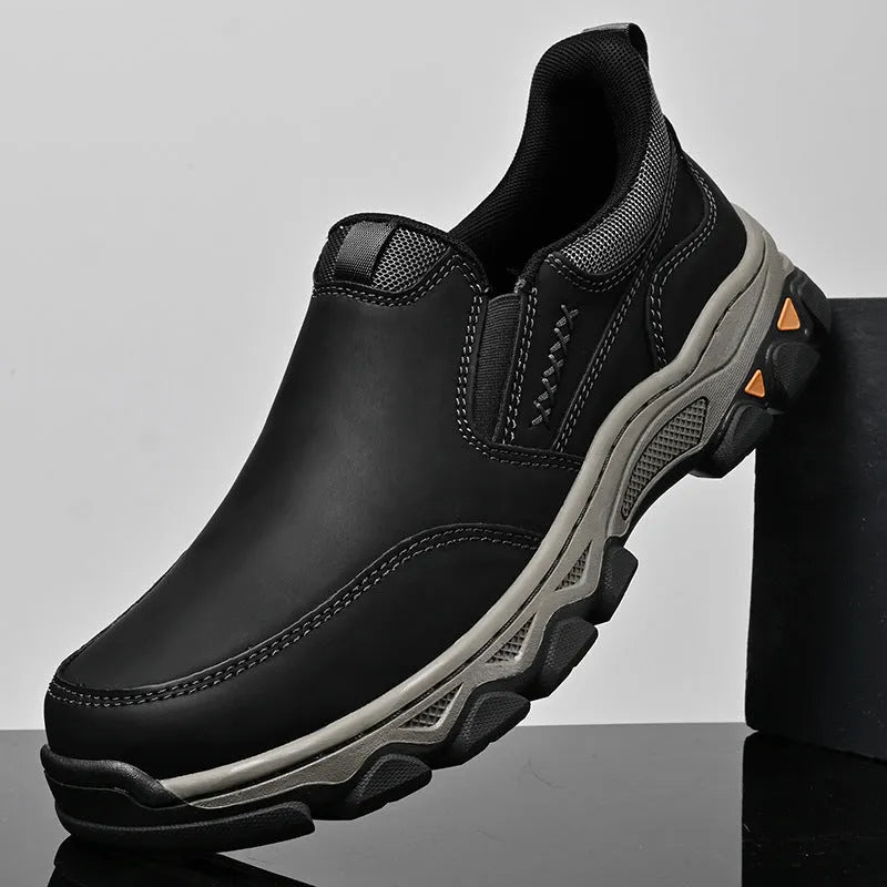 Men's casual leather shoes with rubber sole in black, brown, or grey colours