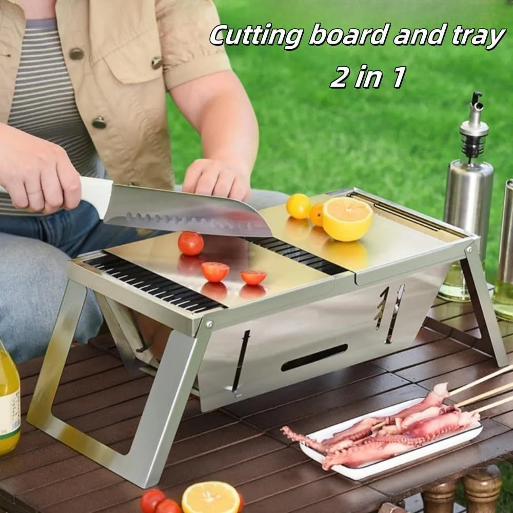Small foldable portable charcoal grill for outdoor cooking and camping