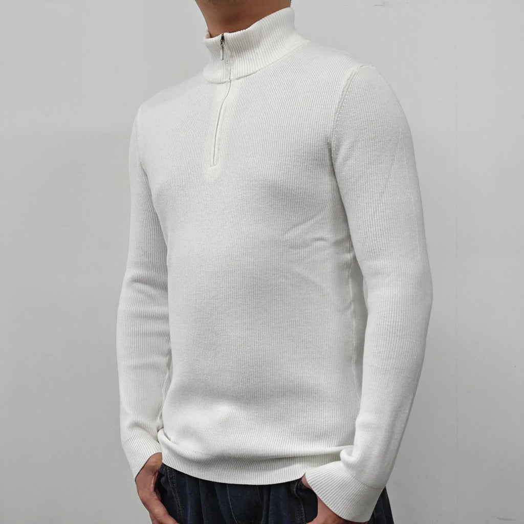 Men's half-turtleneck zip-front sweater in a cotton blend fabric, shown in one of five colour options.