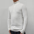Men's half-turtleneck zip-front sweater in a cotton blend fabric, shown in one of five colour options.