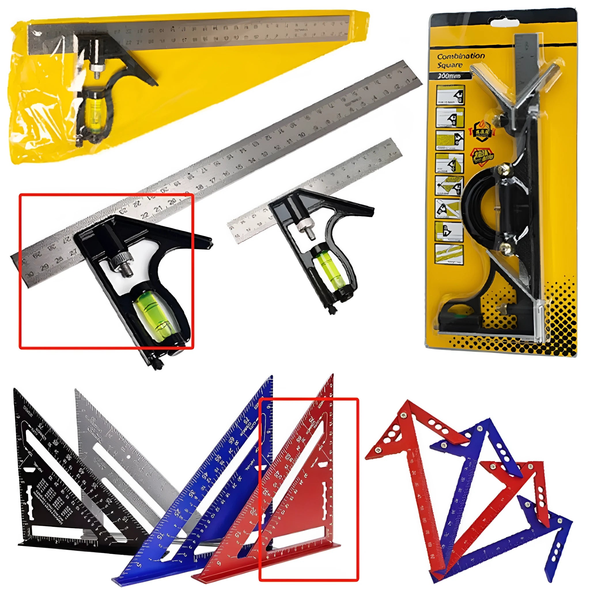 Two thin red 7-inch metal combination angle rulers with metric scales inside a transparent plastic storage bag.