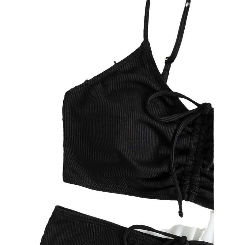 Black women's high waist bikini swimsuit with sling-split design and sleeveless top
