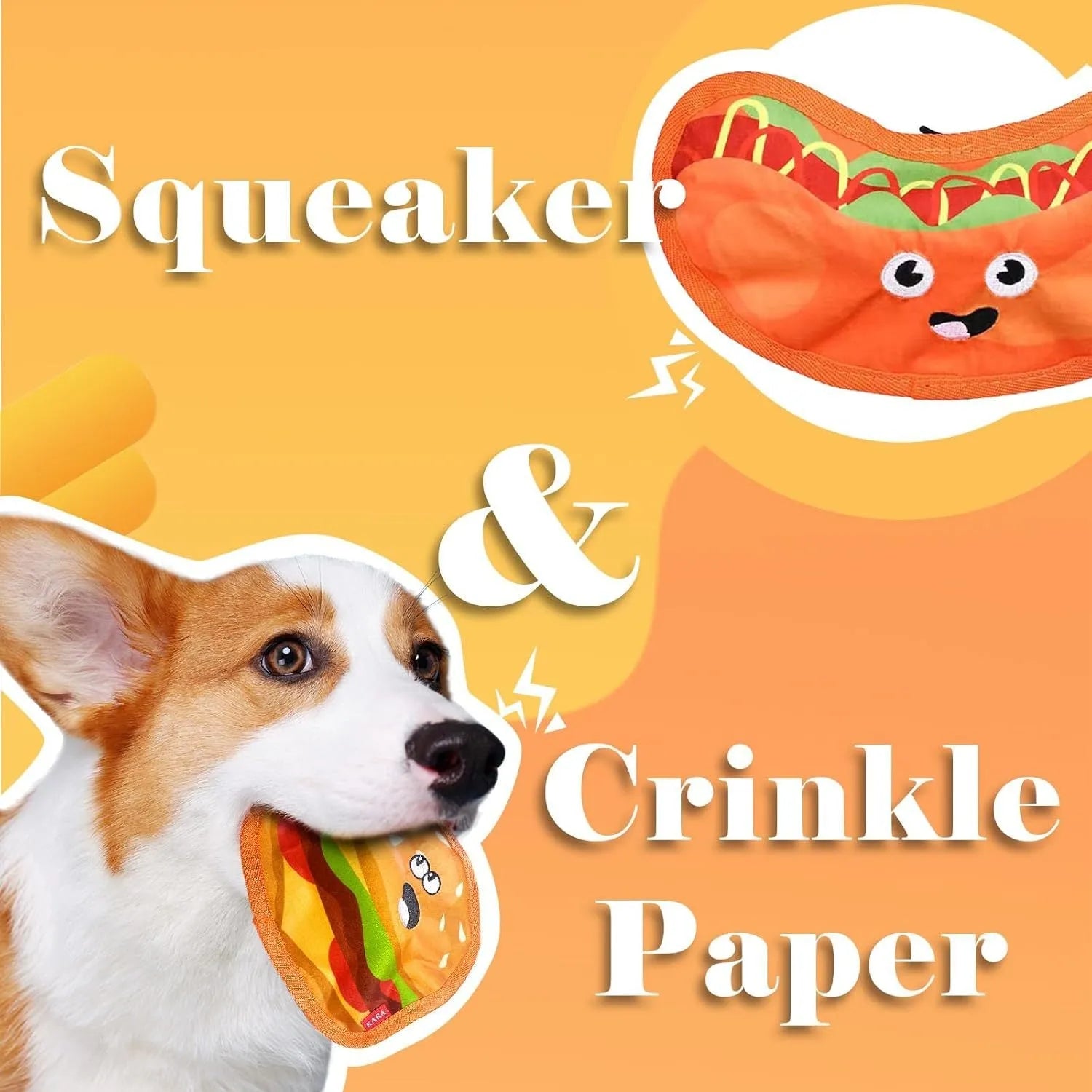 Dual sound crinkle dog chew toy in food shape design with vivid colours for interactive play
