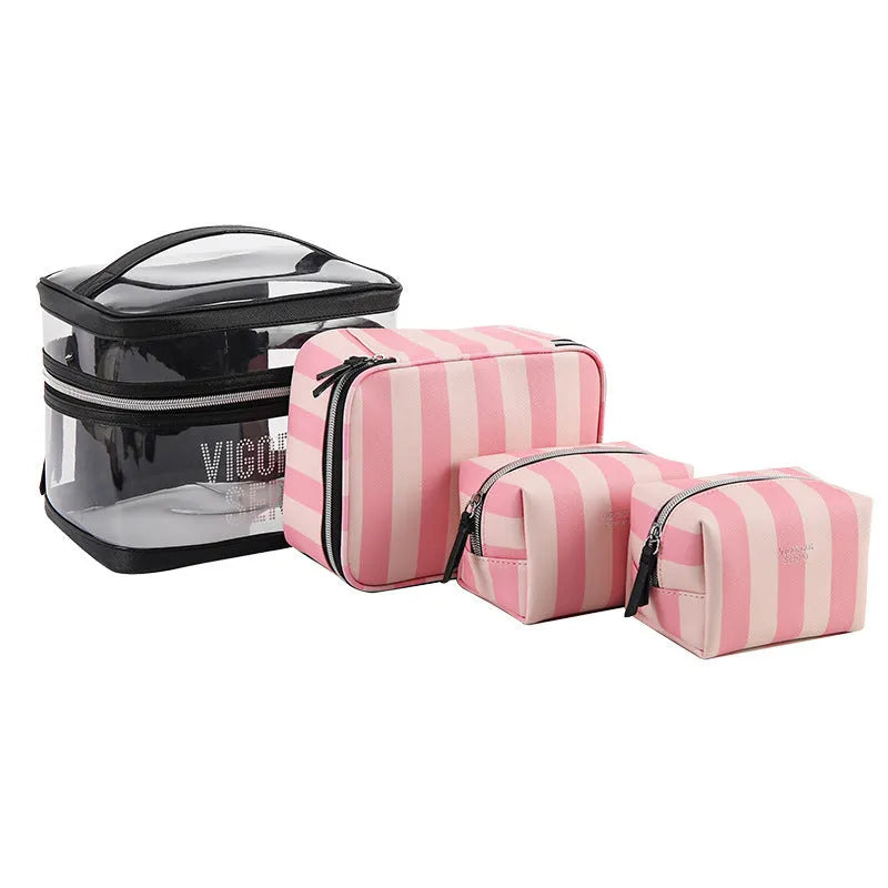 Floral pattern pink striped waterproof makeup bag with synthetic leather exterior
