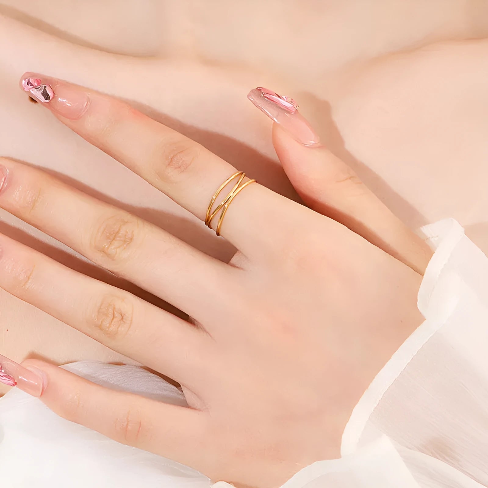 Three-layer geometric coil gold ring in electroplated titanium steel women's jewellery
