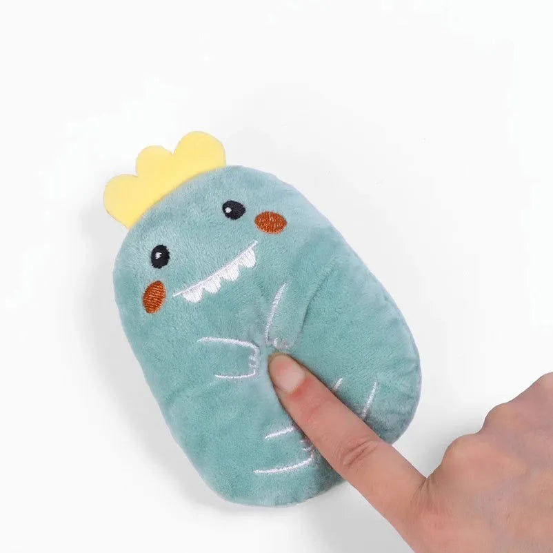 Small brown plush cat toy with catnip for chewing and interactive play.