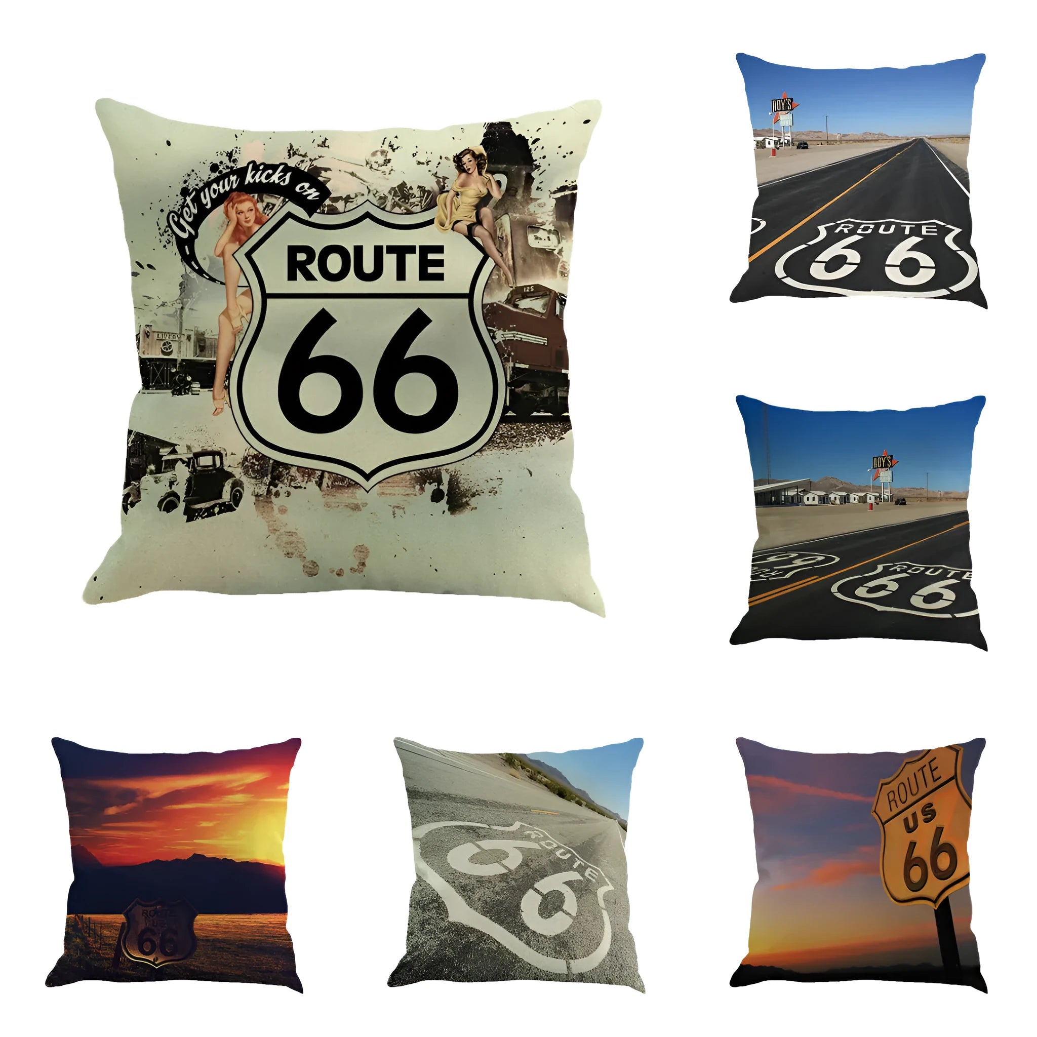 Route 66 themed linen cushion cover with landscape print measuring 45cm square