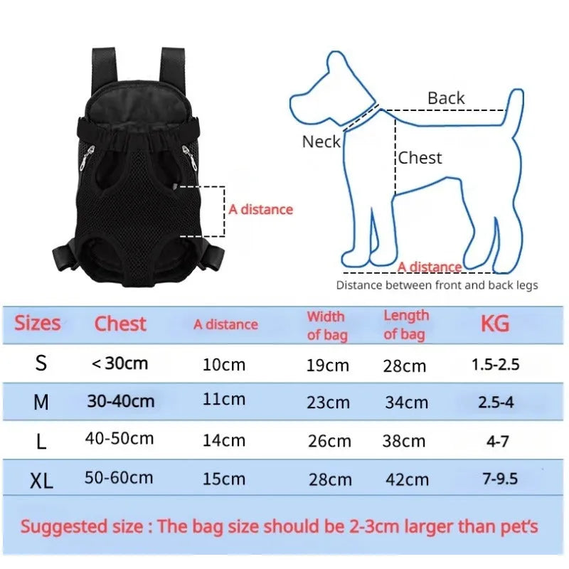 A person wearing a black nylon dog carrier backpack on their chest, with a small dog inside looking out.