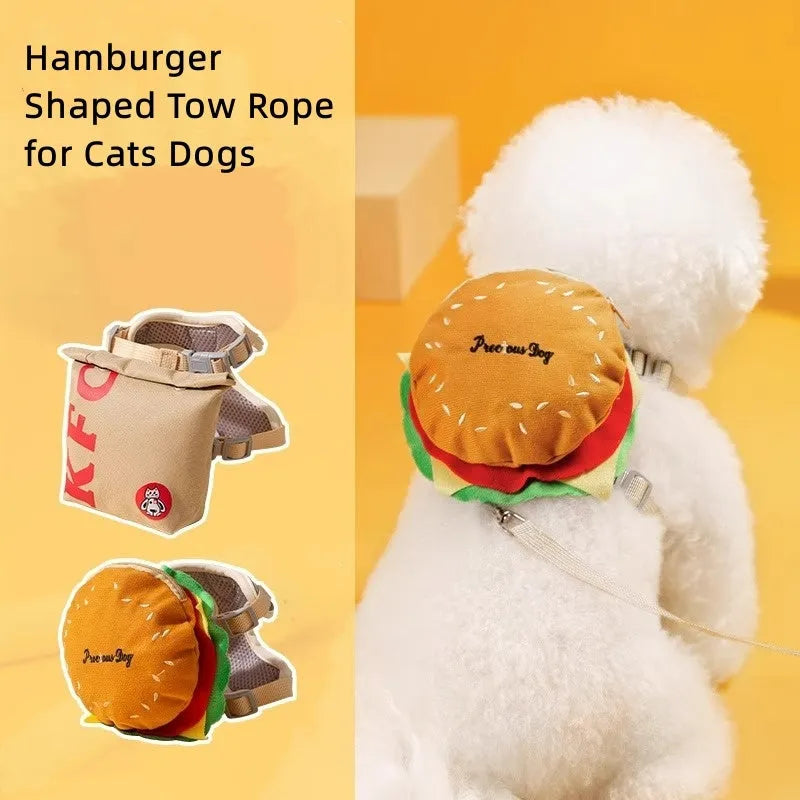 Cartoon hamburger print adjustable vest leash for a dog, showing hook-and-loop fasteners and attached rope.