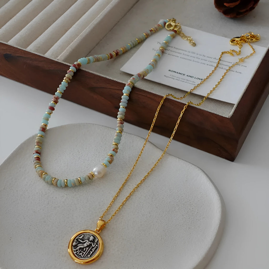Natural stone and pearl bead necklace with brass thick gold-plated chain and alloy pendant, 40cm perimeter