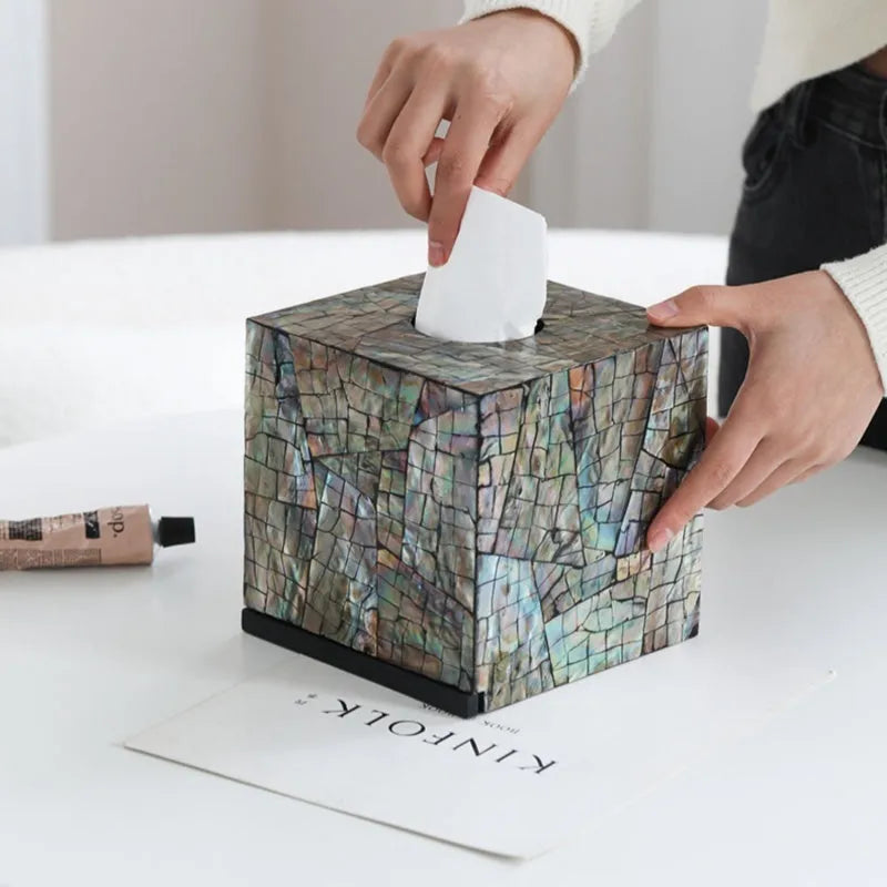 Natural shell tissue box storage in black with modern minimalist design, showing rectangular and square options