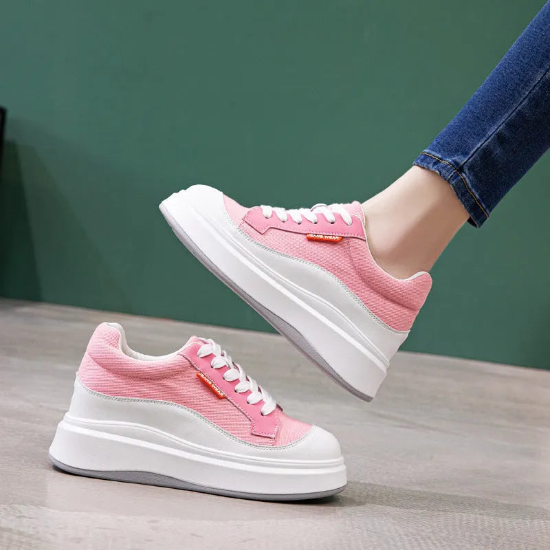 Women's thick-soled leather board shoes in pink and beige colours