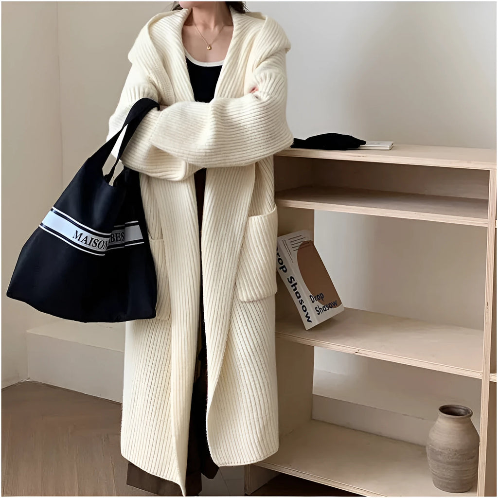 Women's acrylic fibre hooded cardigan coat with 80cm length and raglan sleeves in milky white colour