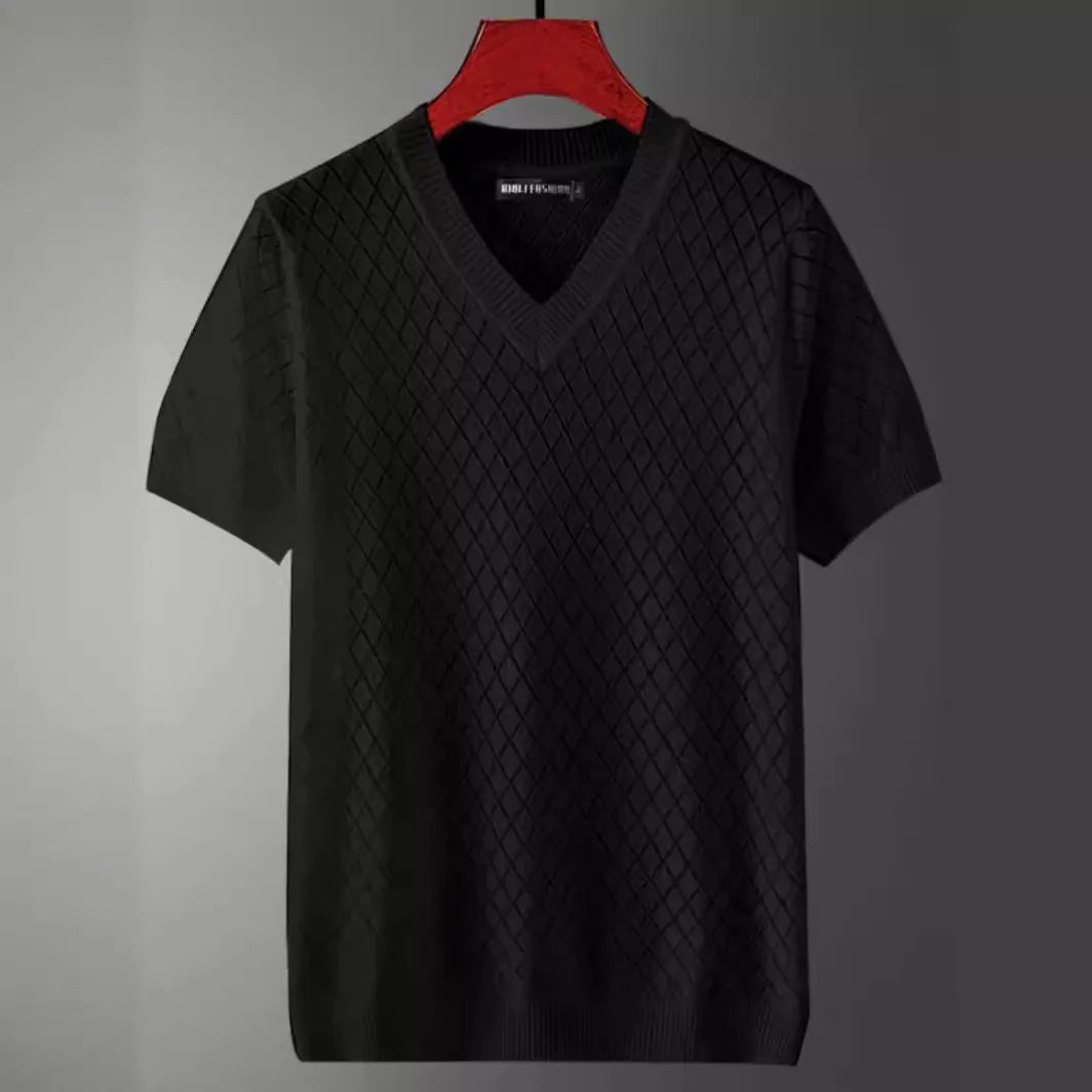 Men's ice silk V-neck t-shirt in black and white colours with Korean style pullover design