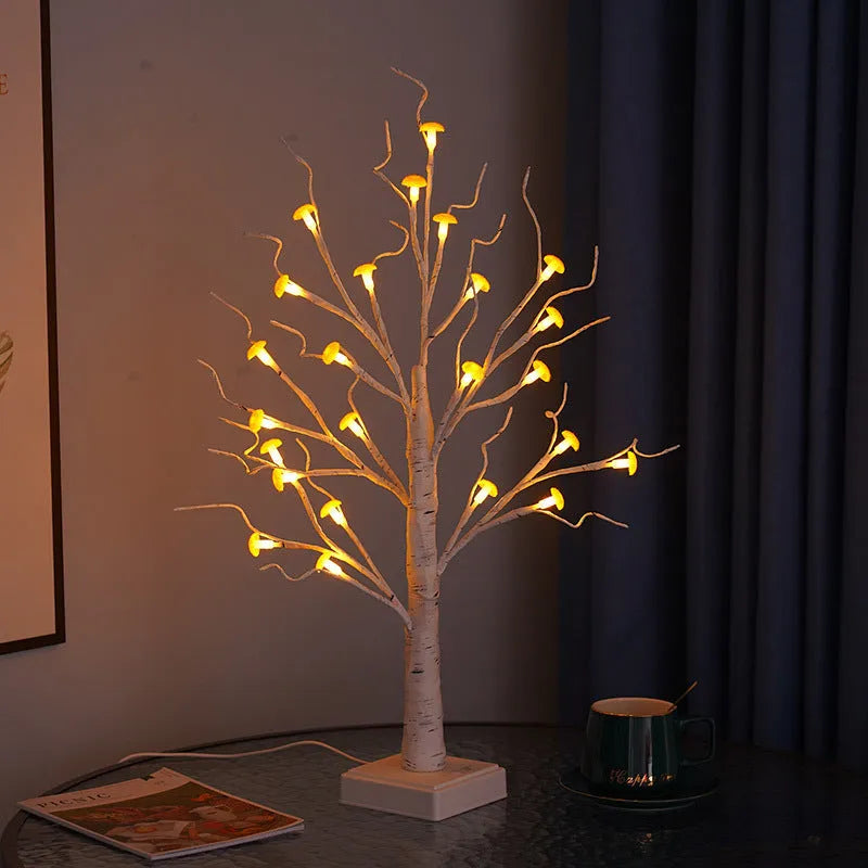 60cm tall plastic mushroom tree lamp with 24 white LED flowers on a warm white lit stand