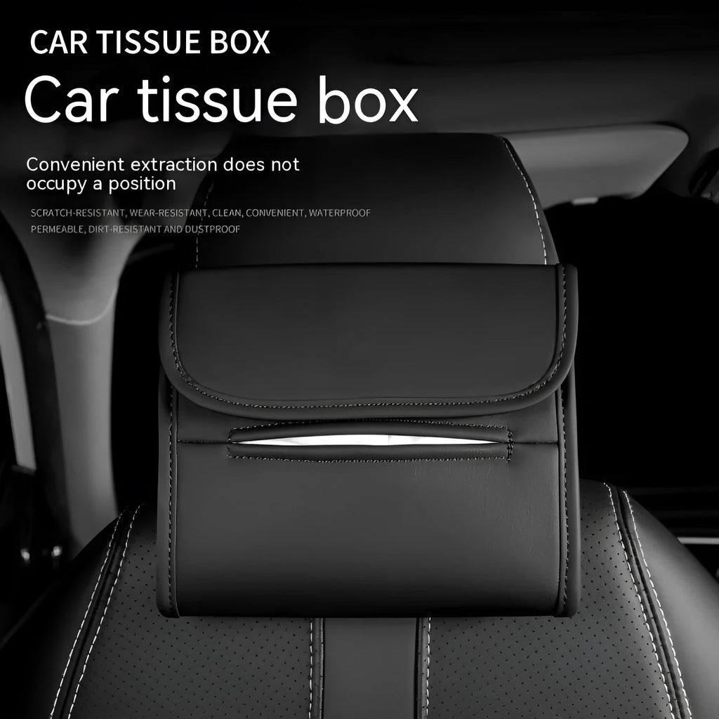 Leather car tissue box mounted on car sun visor with elastic band button fastening
