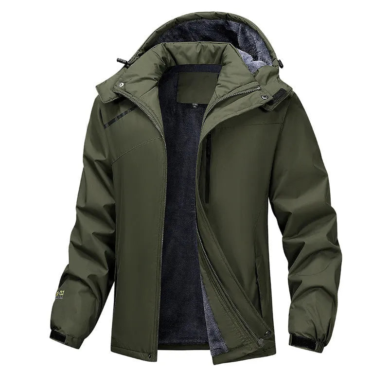Men's army green plus size waterproof hooded coat on a hanger