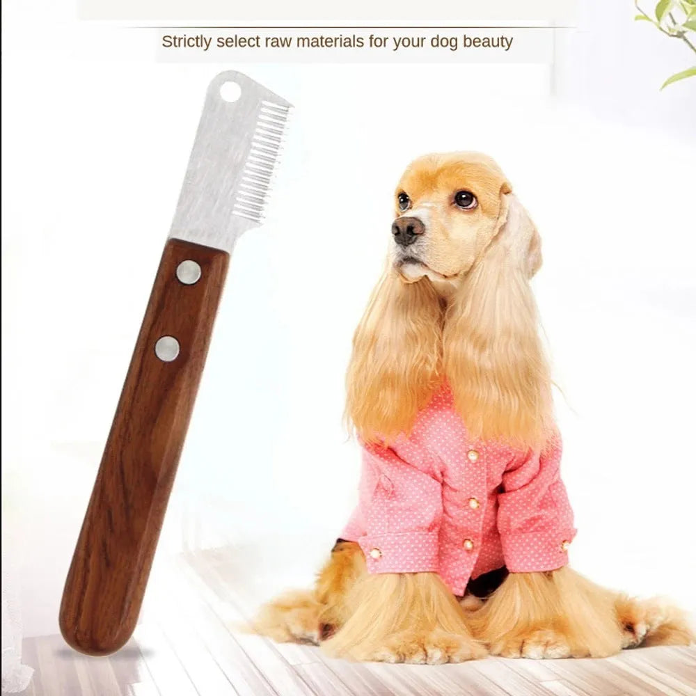 Wooden dog hair removal knife grooming tool on surface with wooden handle