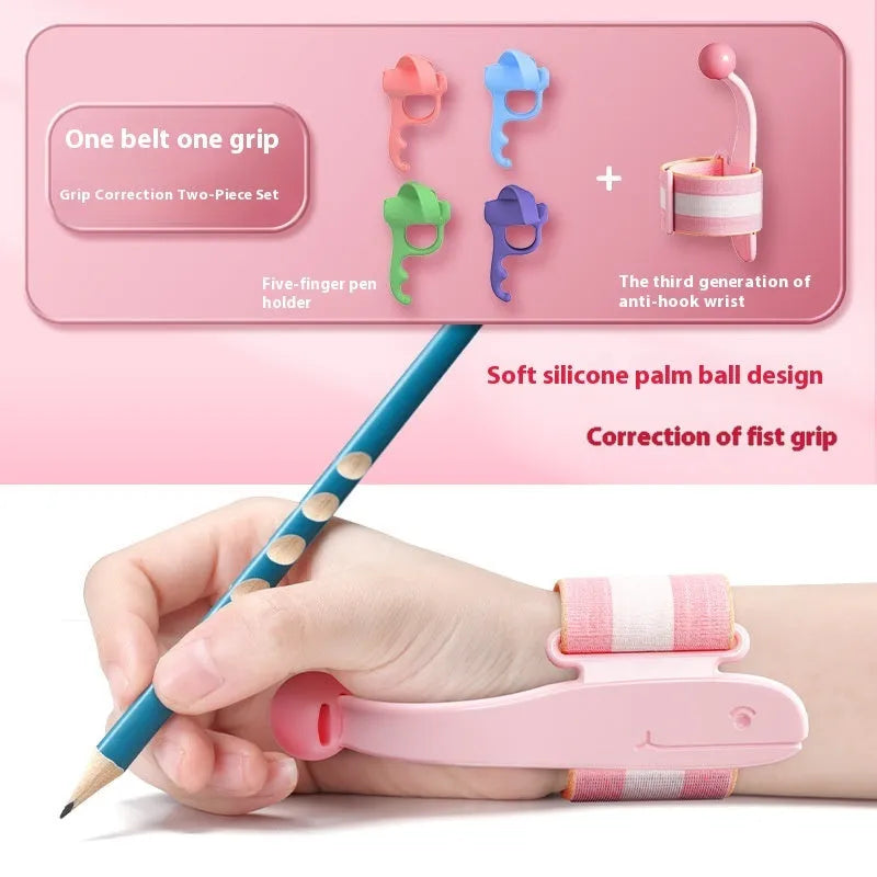 Anti-hook wrist brace pen control corrector for children's handwriting training in blue colour