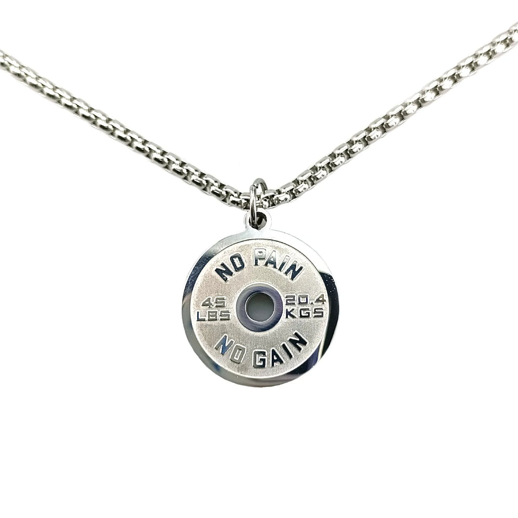 Stainless steel geometric barbell disk pendant necklace with 60cm chain on black background