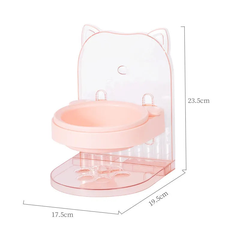 Grey pet feeding bowl with cat ear design and removable hanging cage attachment