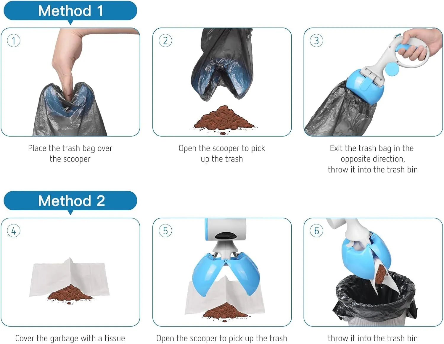 Black ABS plastic pet pooper scooper with integrated trash bag holder and top carry hook