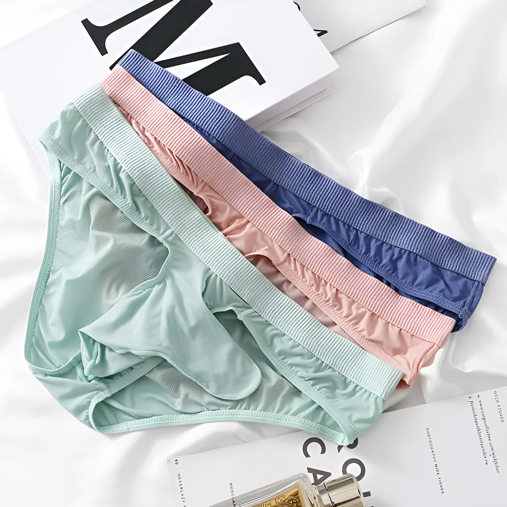 Men's low waist briefs underwear in Ice Silk fabric shown in multiple colours.