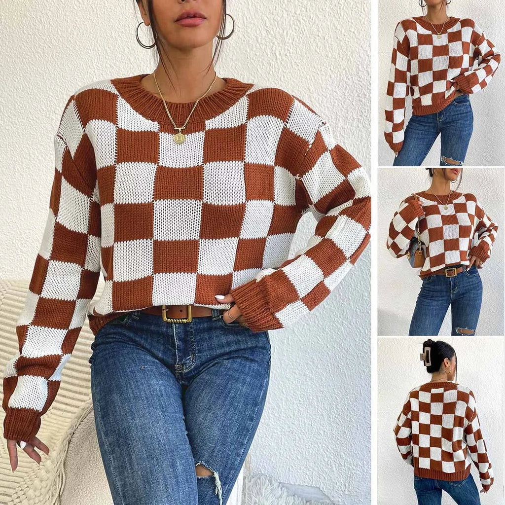 Dark brown plaid acrylic pullover sweater with loose round neck and long sleeves in Japanese casual style