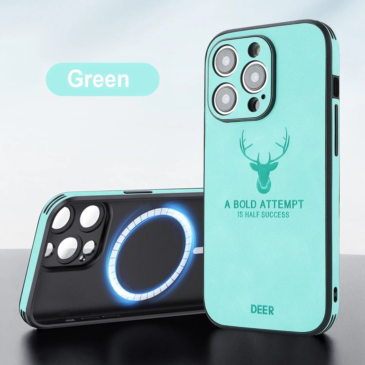 iPhone 16 magnetic charging case with embossed moose head design in imitation leather.