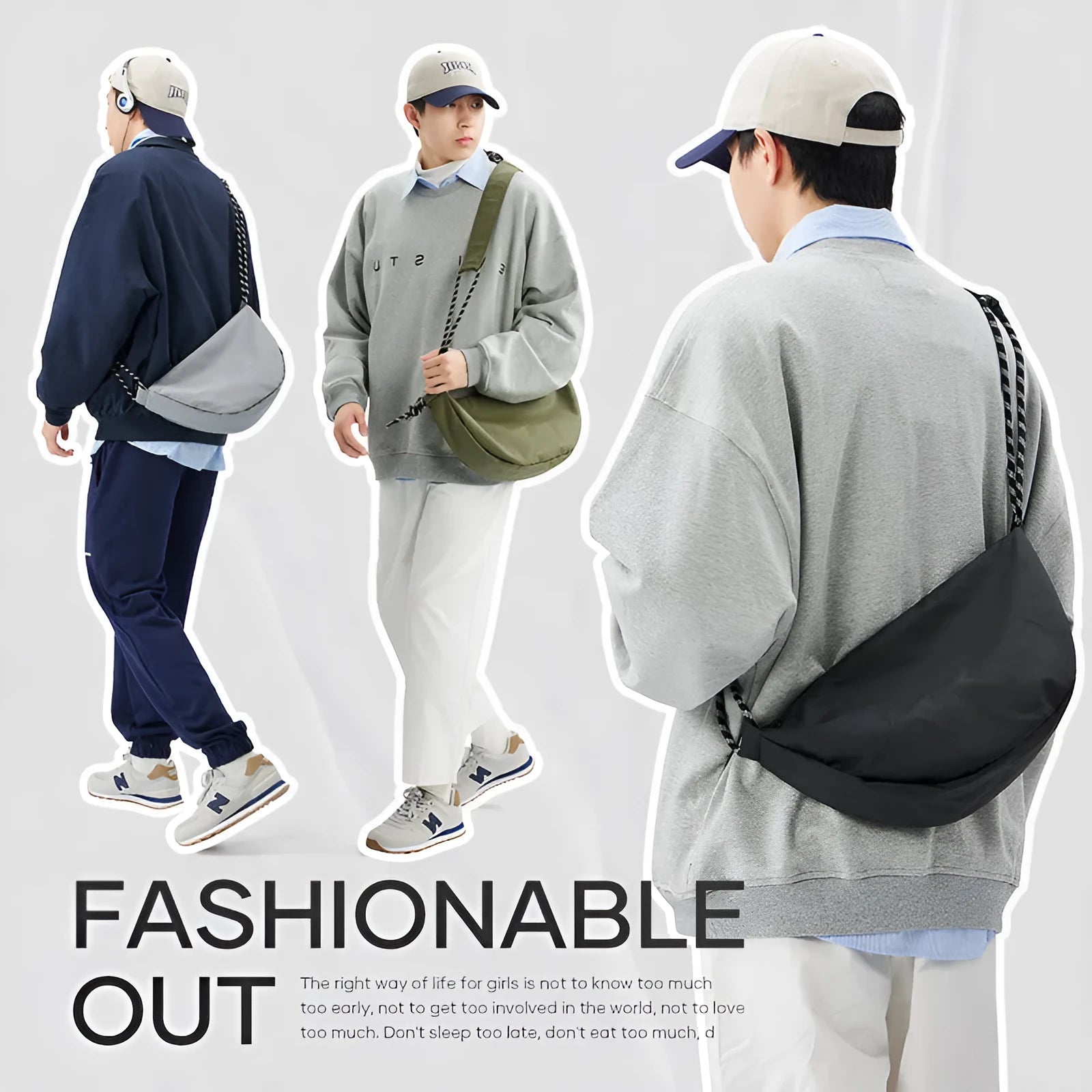 Men's nylon messenger bag in solid colour with large capacity for daily use
