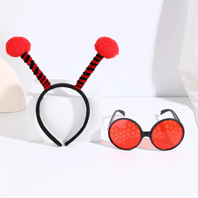 Bee costume headband and glasses set in cloth material with bee and butterfly decorations