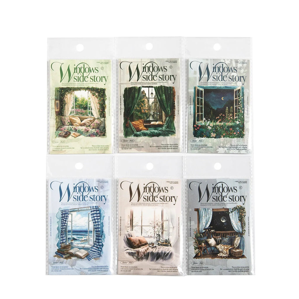 Window Story Series retro decorative journal stickers set showing six printed design colourways.