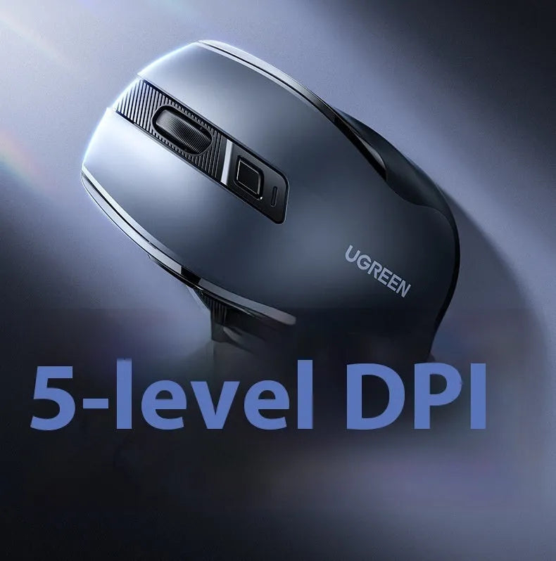 Black wireless Bluetooth dual-mode ergonomic mouse with side silicone finger rest and five-speed DPI for laptop office use