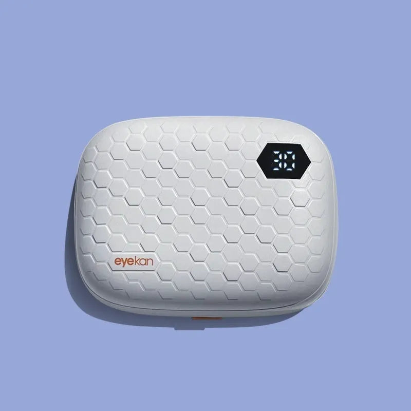 Automatic ultrasonic glasses cleaning machine in pearl white, blue, or pink colours showing compact 85x65x30mm dimensions