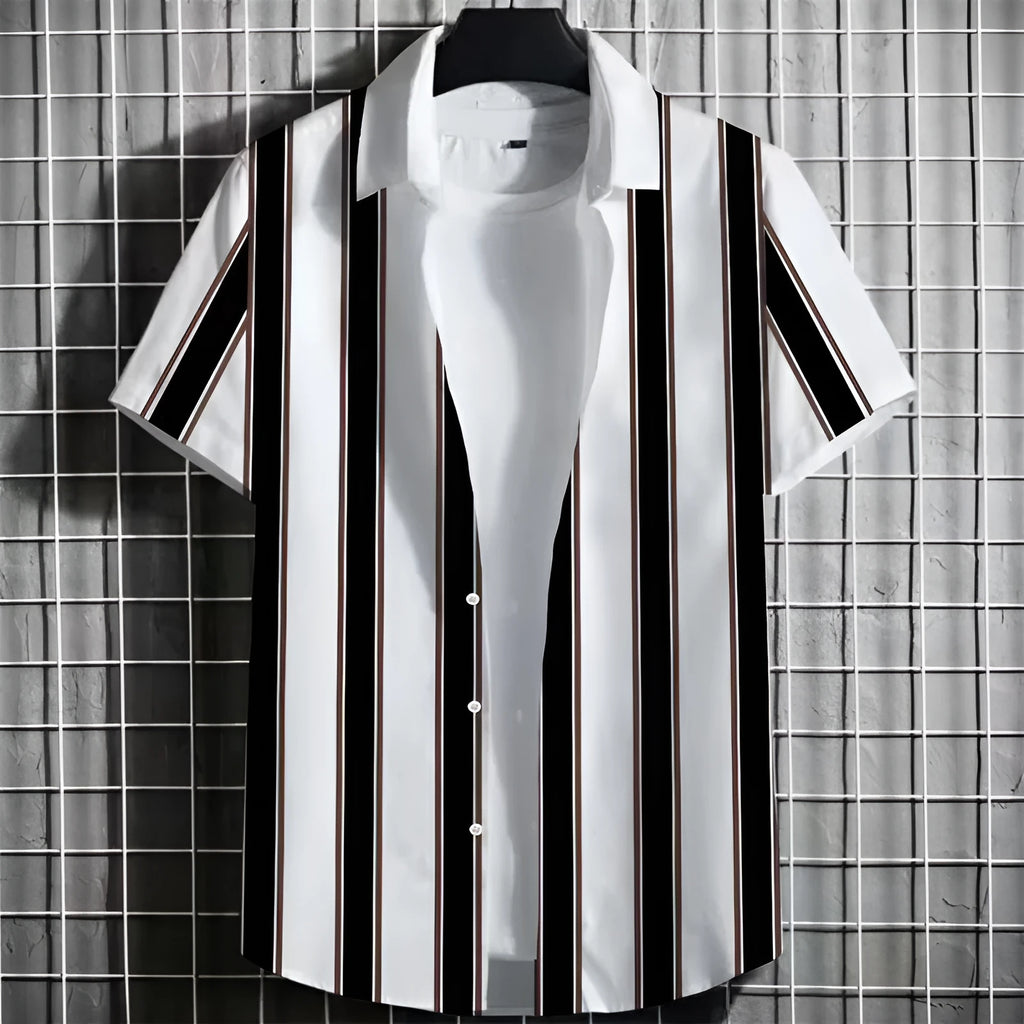 Men's striped linen short sleeve shirt with 3D printing in multiple colours and sizes