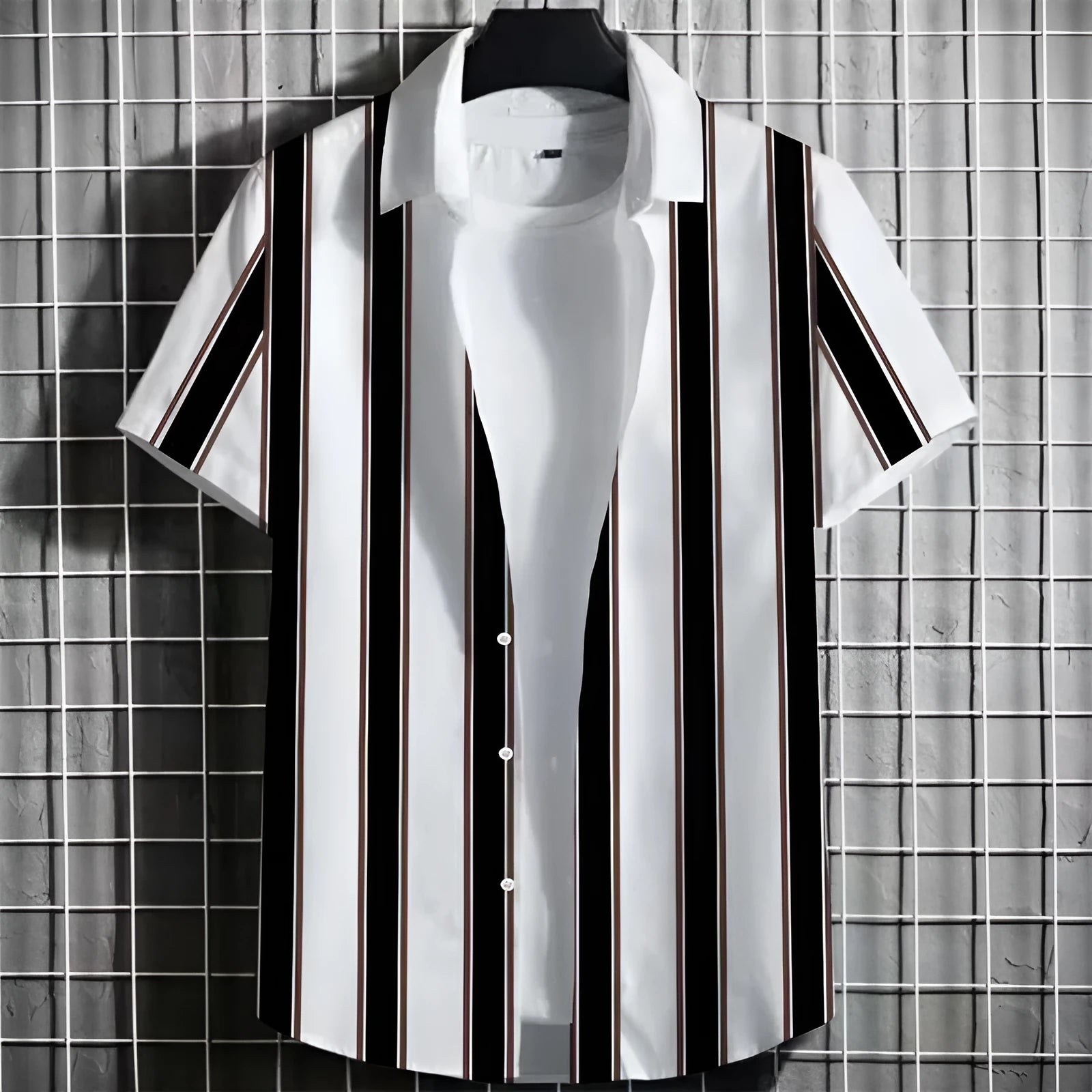 Men's striped linen short sleeve shirt with 3D printing in multiple colours and sizes