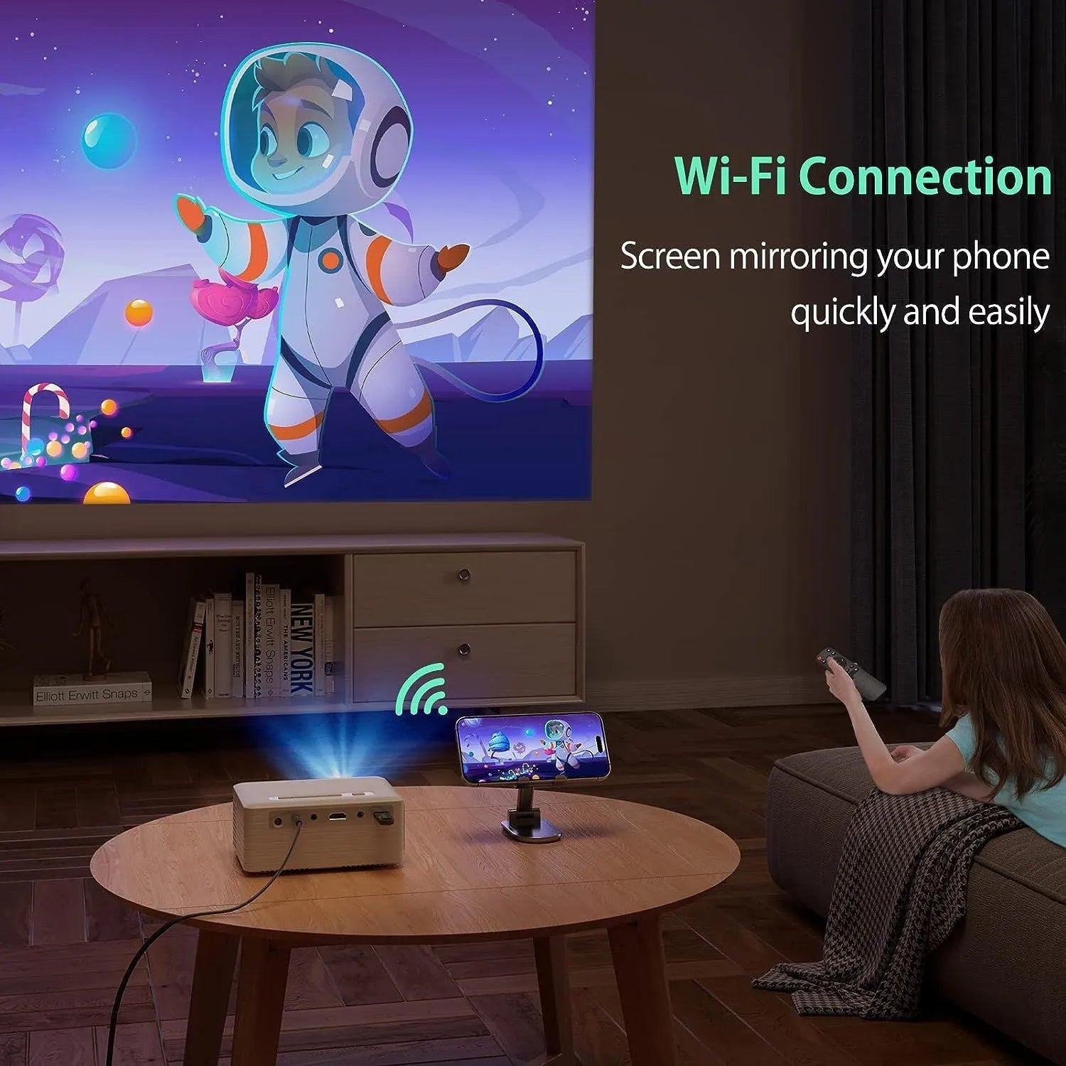 WIFI Wireless Projector 720p HD Smart Android with Bluetooth and remote control on a table
